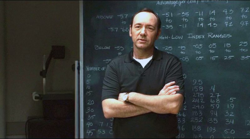 Una scena del film 21 e la magistrale interpretazione di Kevin Spacey nel ruolo di docente di matematica che sfrutta le teorie statistiche per vincere al blackjack con metodo matematico
